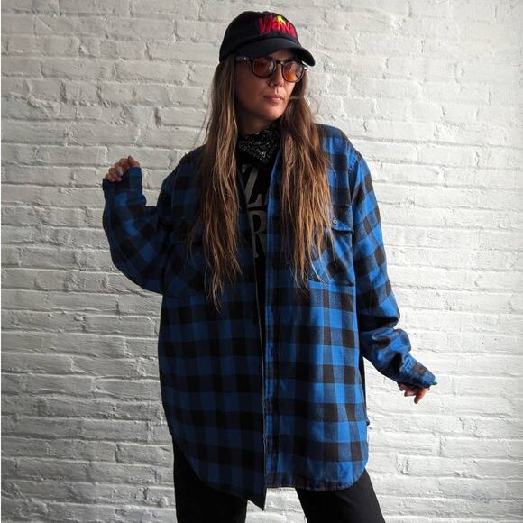 Y2K Vintage Blue Plaid Flannel Utility Blanket Thermal Oversize Coat Jacket - Picture 5 of 10
